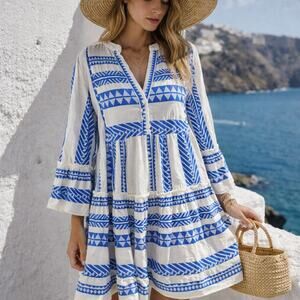 Blue White Boho Cotton Tiered Dress – Mediterranean Greek Island Style